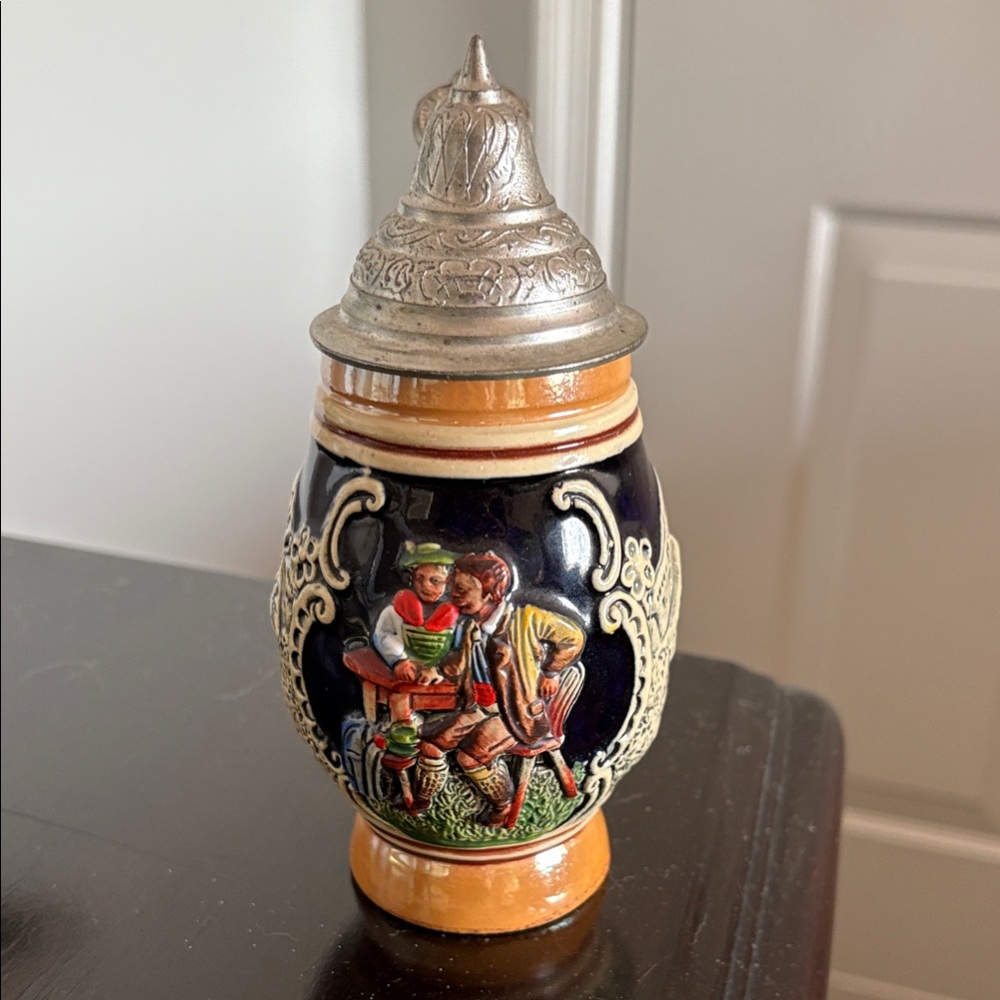 German Vintage Ceramic Beer Stein with Silver Lid